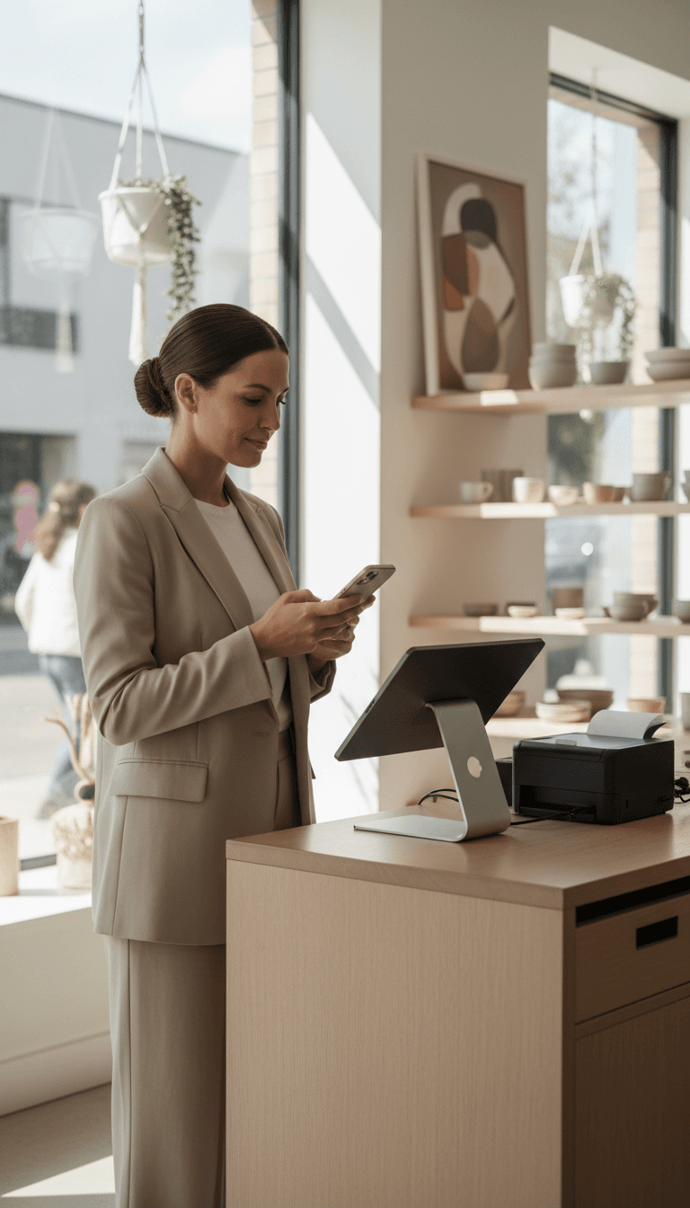 Business owner reviewing their booking platform on a mobile device